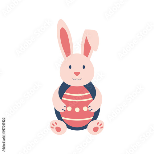 Cute Easter bunny holding decorated egg cartoon illustration, flat design adorable rabbit character for holiday greeting, kids design vector