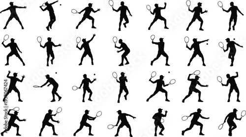 Tennis player silhouettes vector illustration with racket action poses, serving, forehand, backhand, and dynamic sports movements