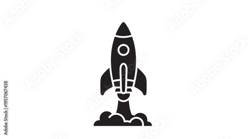 Black Rocket Ship Launching Into Space On White Background For Business Technology Concepts