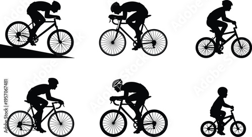 Cartoon bicycle silhouettes illustration showing cycling styles, racing, casual riding, and child training for lifestyle and sport design