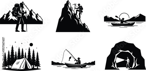 Cartoon outdoor adventure illustration with hiking, camping, kayaking, fishing, and cave exploration symbolizing nature and lifestyle design