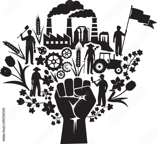 Industrial and agricultural workers vector silhouette illustration with blooming flowers line art