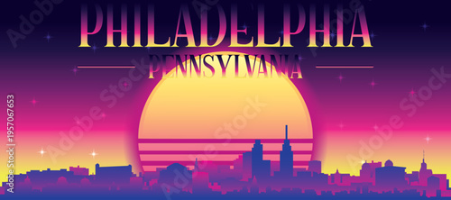 Purple generic retro futuristic synthwave panoramic poster of the city skyline with misty background sunset buildings of PHILADELPHIA, PENNSYLVANIA