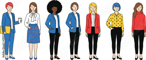 Cartoon professional characters illustration with diverse business casual outfits symbolizing workplace attire, fashion, and community design