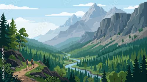 Two hikers with backpacks trek along a scenic mountain path, with a lush green valley, winding river, and majestic peaks in the background.