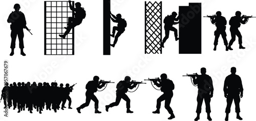 Cartoon soldier silhouettes illustration showing military training, combat stances, and tactical maneuvers for defense and strategy design