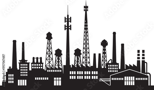 Industrial factory silhouette vector illustration with smoke stacks and power lines art