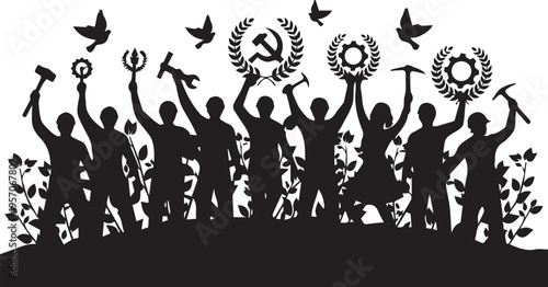 Revolutionary workers holding communist symbols vector silhouette illustration line art