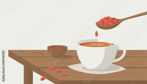 Goji berries being added to a cup of herbal tea on wooden table  