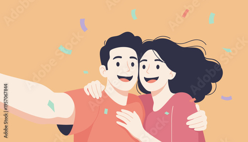 Young couple taking a selfie and smiling with confetti background  