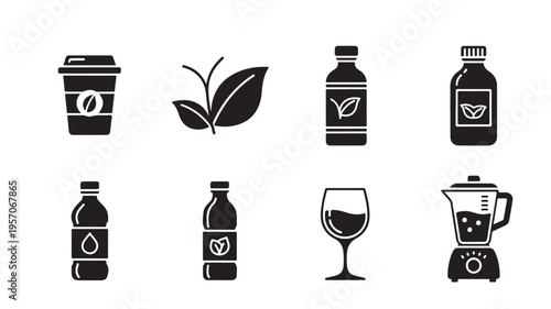 Black icons of various drinkware and leaf on white background for beverage and health concepts