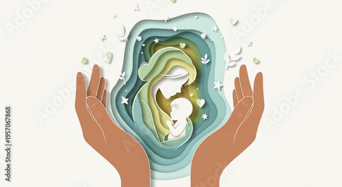 Hands cradling a swaddled baby inside a green and blue agate stone with water droplets on a white background