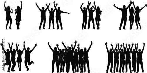 Celebration group silhouettes vector illustration with people jumping, cheering, raising arms, festive joy, and social unity