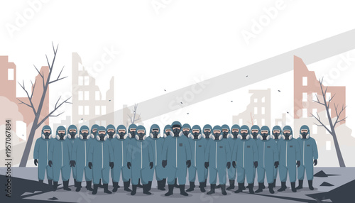 Group of soldiers standing in uniforms on a war-torn background  