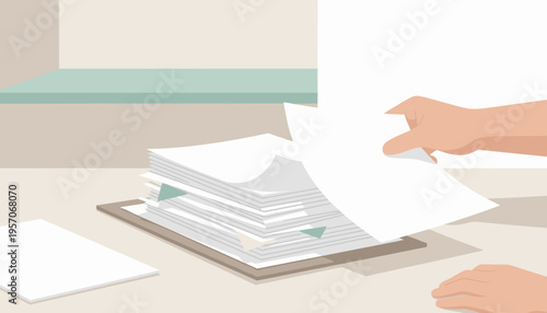 Hand placing papers on a stack in a modern workspace  