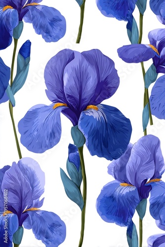 Blue irises blooming creating floral seamless pattern