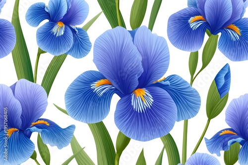 Blue iris flowers forming seamless floral pattern
