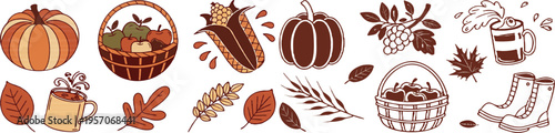 A vector graphic illustration of autumnal icons including pumpkins, leaves, baskets, and mugs in a flat, minimal design style.