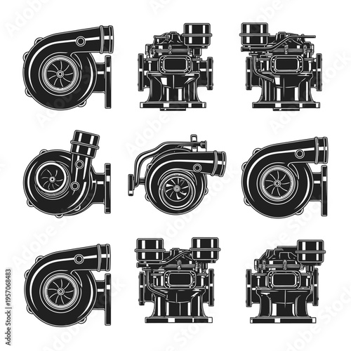 Heavy Duty Turbocharger Vector Illustration Multi-Angle Grid Black and White Isolated for Graphic Design and Advertising