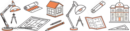 A collection of architectural design tools and icons in a flat, minimalist style