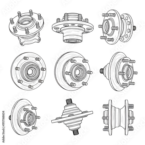 Wheel Hub Assembly Vector Illustration Multi-Angle Grid Black and White Isolated for Graphic Design and Advertising