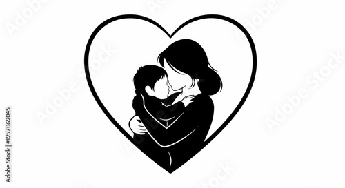 Mother and child embracing in heart symbol love and care concept family bond