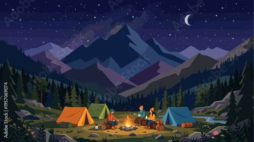 People sit around a glowing campfire at a campsite with tents, a river, and mountains under a starry night sky with a crescent moon.