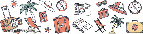 A colorful vector graphic illustration of various travel related icons and symbols.