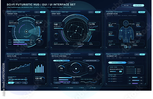 A comprehensive set of futuristic sci-fi HUD and GUI interface panels