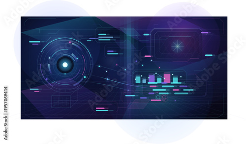 A futuristic digital dashboard featuring a circular interface, bar