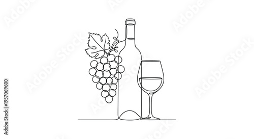 Continuous Line Drawing of Wine Bottle, Grapes, and Glass for Vineyard Concepts