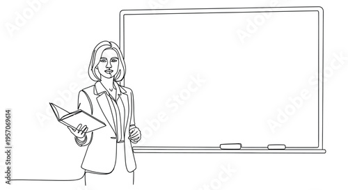 Continuous Line Drawing of Female Teacher with Book and Whiteboard for Education