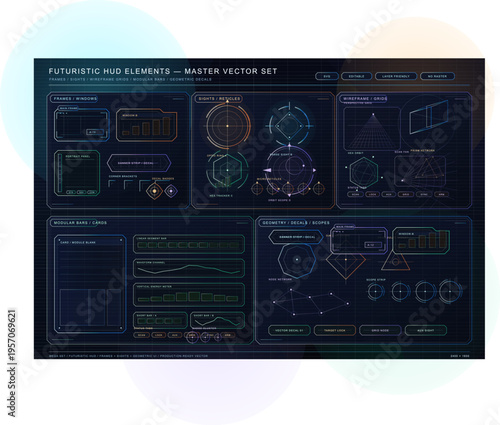 This vector set features futuristic HUD elements including frames