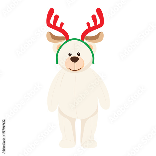 White polar bear cartoon character in reindeer, antler headband. Funny christmas teddy bear character isolated kn white background. Vector
