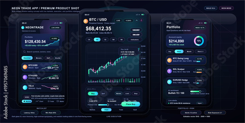 Futuristic mobile trading application interface featuring dark mode