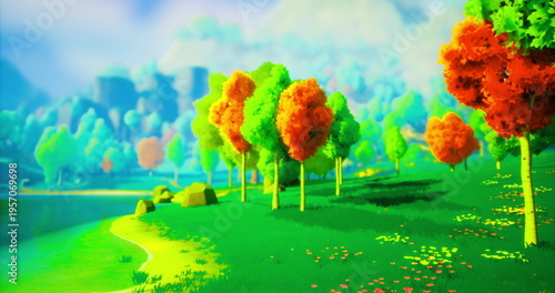 Bilde på lerret Lush trees in vivid hues of green and orange create a stunning contrast against the calm lake