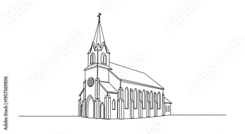 Continuous Line Drawing of a Gothic Style Church with High Steeple