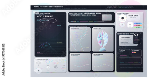 A comprehensive retro-futuristic design kit featuring wireframe