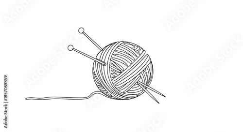 Continuous line drawing of a yarn ball and needles for knitting and crafts