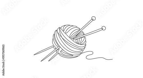 Minimalist line art of a ball of yarn with knitting needles for hobby concept