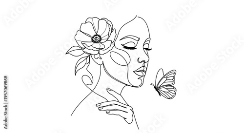 Elegant woman face line art with a flower in hair and a flying butterfly