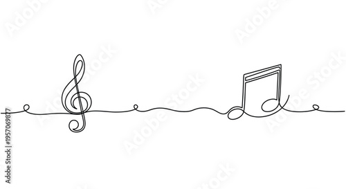 Musical notes and treble clef in continuous one line drawing for melody concept