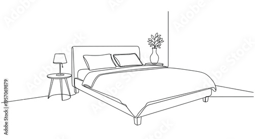 Continuous one line drawing of a modern bedroom interior with bed and nightstand