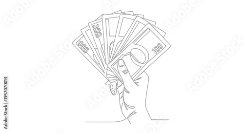 Continuous line art of hand holding fan of dollar bills for business concept