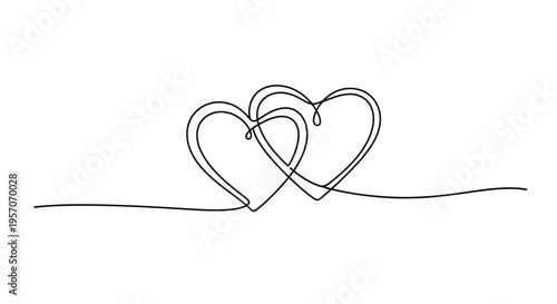 Romantic continuous line drawing of two intertwined hearts for love concept