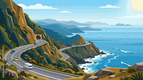 A picturesque coastal highway winds through a rugged mountain landscape with vehicles traveling towards the ocean, showcasing a vibrant, stylized travel scene.