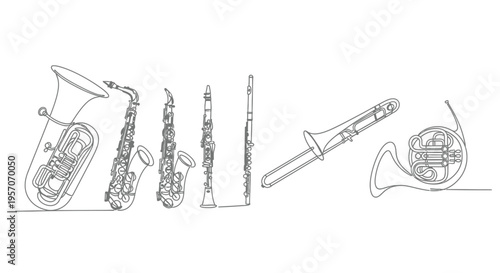 Continuous line art of classical wind and brass musical instruments set