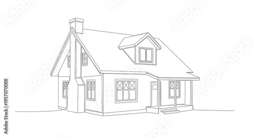 Continuous line art drawing of a traditional suburban residential house