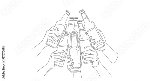 Continuous line art of group of friends toasting with glass beer bottles