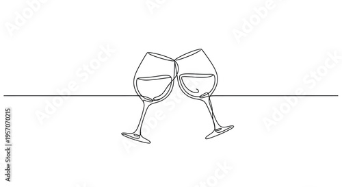 Two wine glasses clinking in a continuous line toast illustration